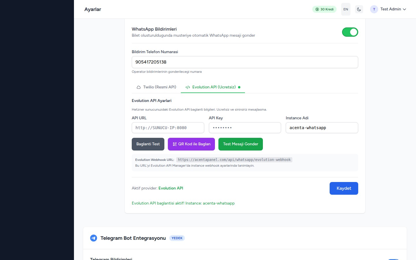 WhatsApp ve Telegram Entegrasyonu