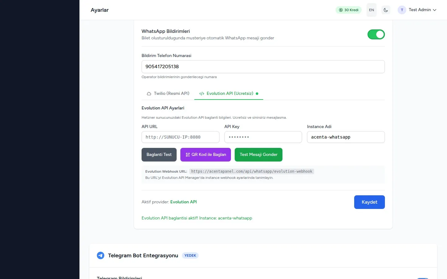 WhatsApp ve Telegram Entegrasyonu